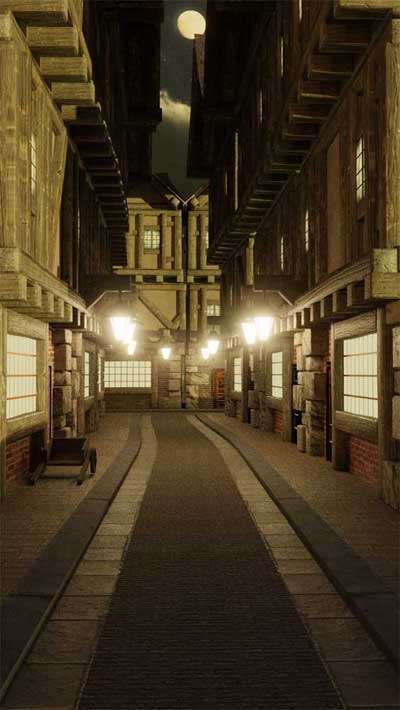 medieval street with lights glowing